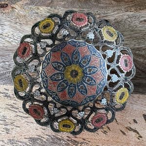 Brass hand painted enamel trinket bowl with cutouts stamped ‘pro karma India’